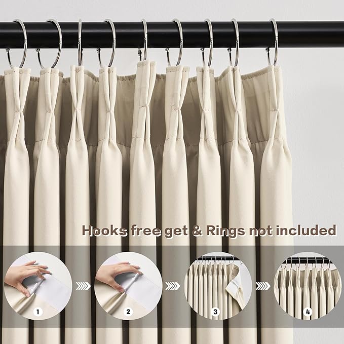 KEQIAOSUOCAI Pinch Pleated Curtains 63 Inches Long,Memory Shape Room Darkening Soundproof Window Curtains with Hooks for Bedroom Living Room Track System 80 x 63 x 2 Panels Cream Beige