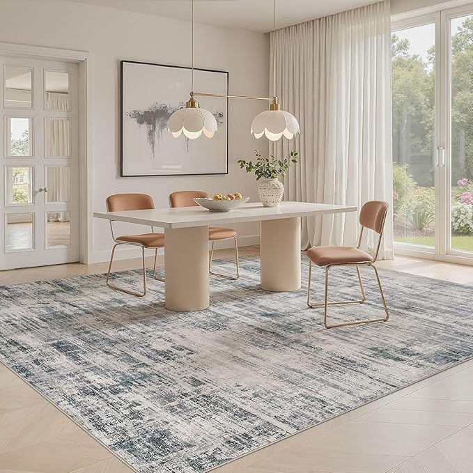 Area Rug for Living Room: 7x9 Washable Neutral Abstract Modern Soft Rugs Non Slip Indoor Floor Stain Resistant Large Carpet for Bedroom Dining Room Office Nursery - Gray