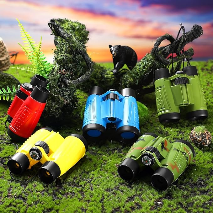 25 Pack Binoculars for Kids 6+ Years Old, with Compass and Neck String Toddler Toy Binoculars Gift Set for Camping Adventure, Party Favor, Red, Yellow, Camo, Green, Blue