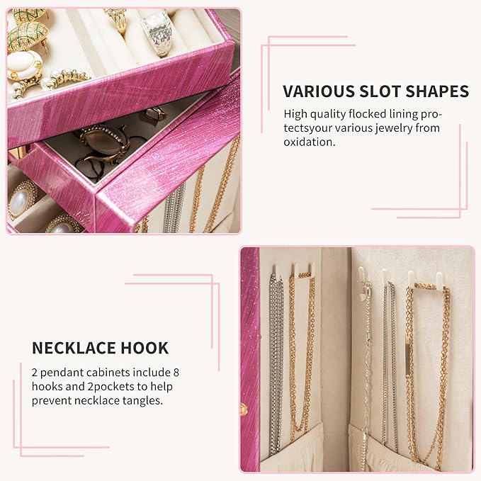 AKOZLIN 6-Tier Jewelry Box Lockable Leather Jewelry Storage Case with 5 Drawers for Women Girls Ring Necklace Earring Bracelet Holder Organizer with Mirror Rose