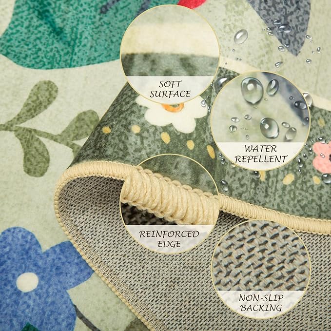 Floral 6ft Area Rug Machine Washable Soft Print Boho Carpet Non Slip Doormat Low Pile Flower Area Rugs for Living Room Bedroom Nursery Kitchen Dining Room Indoor-Light Green