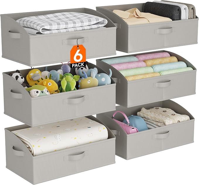Lifewit Storage Baskets for Shelves, 6 Packs Non-woven Fabric Trapezoid Closet Organizer Bins with Handles, Foldable Clothing Containers Box for Clothes, Toy, Towel, Book, DVD, Hats, Large-Light Grey