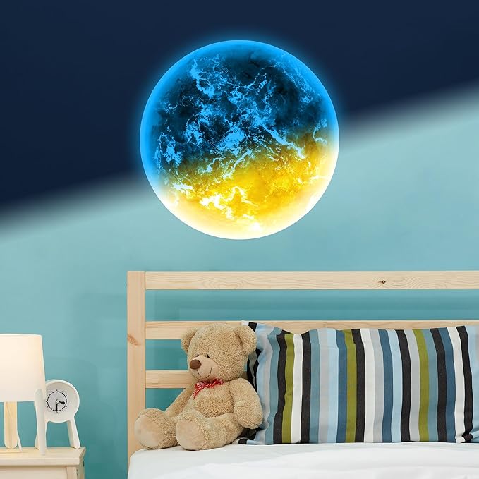 Glow in The Dark Sun for Ceiling, Luminous Planet Wall Sticker, Kids Bedroom Wall Decal, Sticky Fluorescence Sun, Gift for Boys and Girls (Blue)