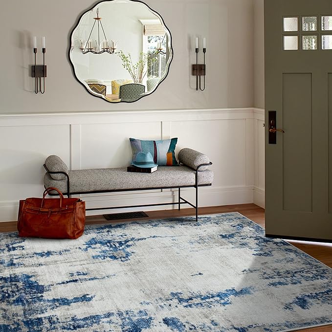 6x9 Area Rugs for Living Room Rug Washable: Modern Rug for Dining Room Bedroom Carpet Non Slip Low Pile 6 by 9 Indoor Abstract Nursery Home Office Blue White