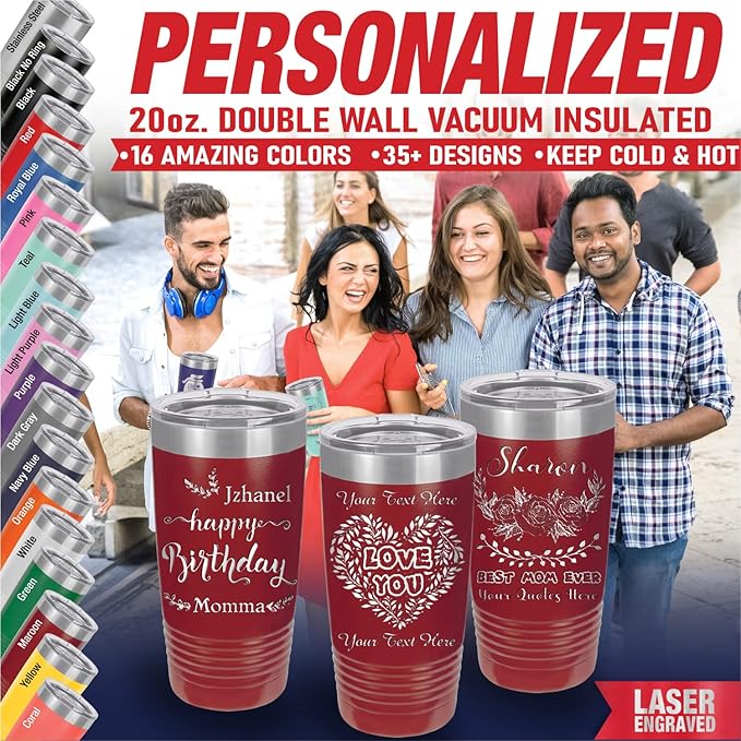 Personalized Tumbler for Women, Custom Coffee Travel Mug, Valentine's Day Gift, Mother’s Day Gift, Small Tumbler with Lid, Keep Drinks Cold and Hot, Engraved Name by iProductsUS (Red, 20oz)