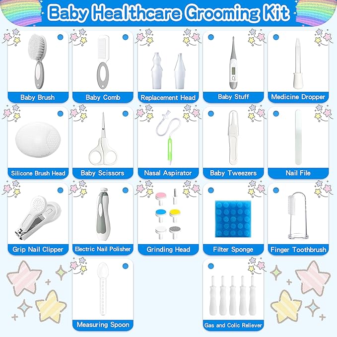 Baby Healthcare and Grooming Kit, 28 in 1 Portable Baby Essentials Kit Electric Nail Trimmer Set with Gas Relief Hair Brush Comb Nasal Aspirator for Newborn Boys Girls (Grey White)