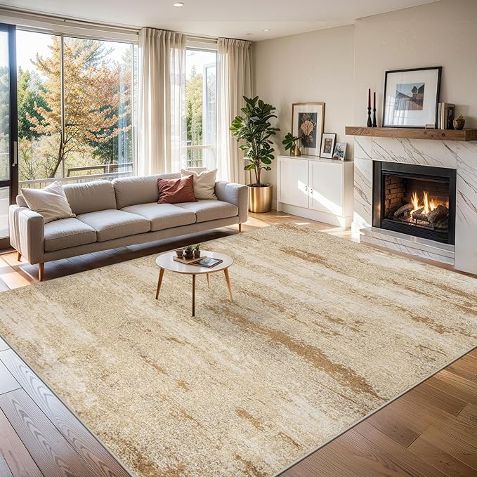 Area Rugs 9x12 Living Room - Washable Rug Modern Abstract Soft Large Neutral Non-Slip Carpet Indoor Floor Stain Resistant Thin Carpets for Bedroom Dining Room Farmhouse Nursery Home Office Beige