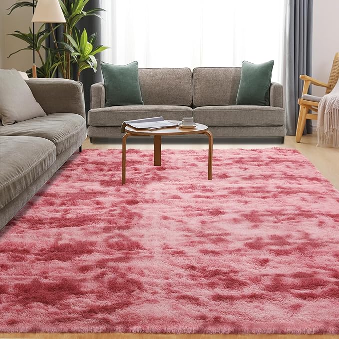 Luxury Area Rug, 6x9 Rugs for Living Room, Ultra Soft Rugs for Bedroom, Non-Slip Indoor Carpet for Nursery, Kids Room, Playroom, Home Decor, Tie-Dyed Dark Pink