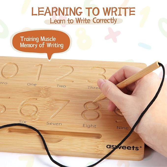 Asweets Montessori Wooden Number Practicing Board, Double-Sided Tracing Board and Shape RecognitionTool to Writing 123 Educational Toy Game for Preschool 3 4 5 Years Old Gifts