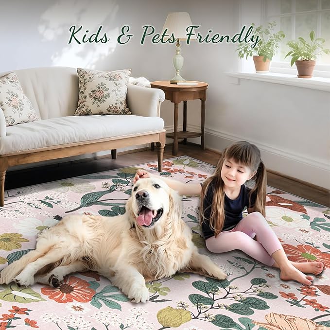 8x10 Area Rug for Living Room: Vintage Floral Washable Rug Soft Boho Non Slip Carpet Large Indoor Floor Non Shedding Low Pile Thin Carpets for Bedroom Dining Room Farmhouse Nursery Home Light Pink