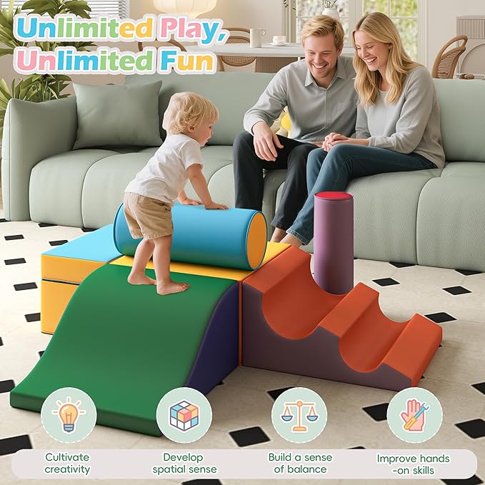 Soft Climbing Toys for Toddlers, Soft Foam Climbing Blocks, PU Leather Gym Climb & Crawl Soft Activity Playset, Indoor Climbing Toys Equipment for Kids and Children, Classic Yellow