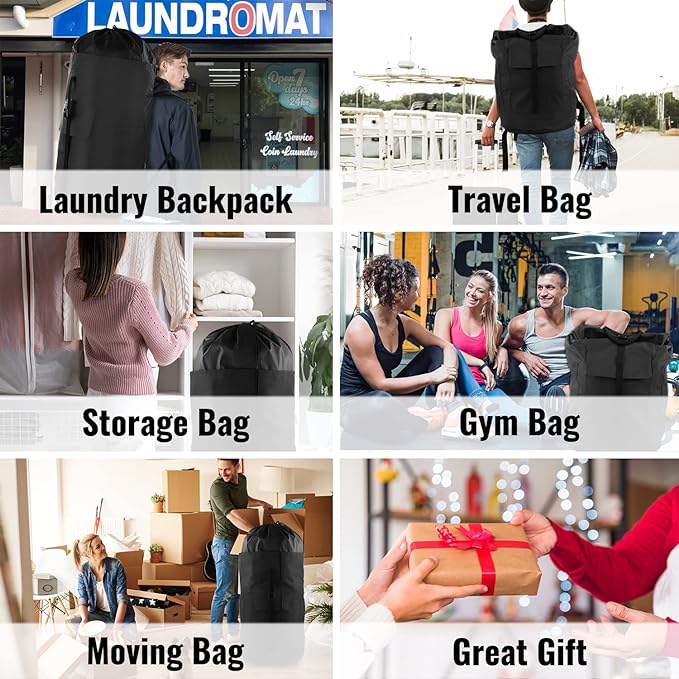 Laundry Bag Backpack, 125L, Extra Large with Shoulder Straps, Adjustable & Extendable Design, Hamper 3 Pockets for Laundromat, College, Travel, Camping