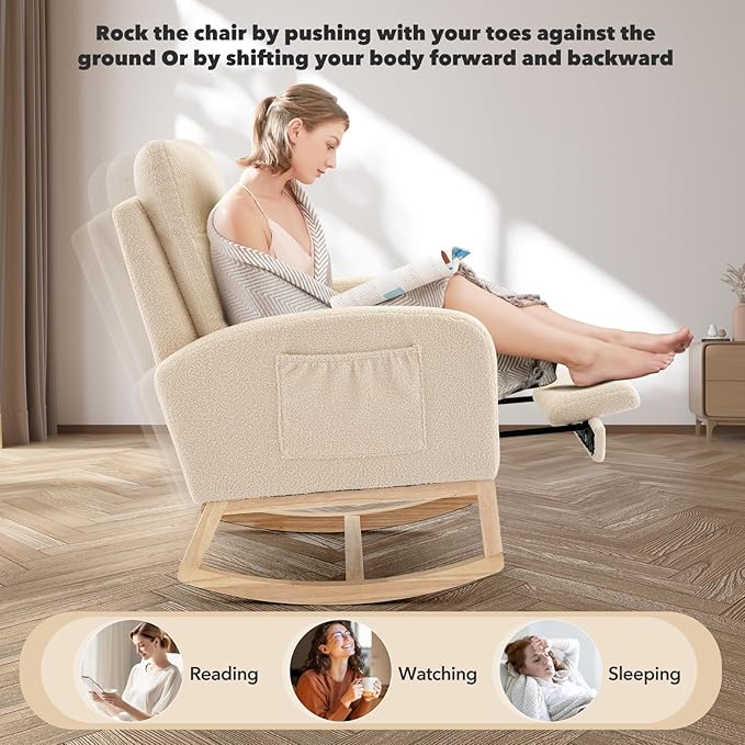 Rocking Chair Nursery, Nursing Rocking Chairs with Foot Rest for Mom Nursery, Rocker Glider Chair with High Backrest for Living Room, Bedroom, Upholstered Lounge Chair with Solid Wood Base for Relaxin
