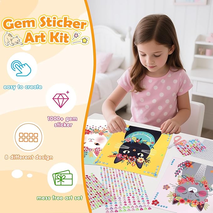 Gem Art Sticker Kit, Arts and Crafts for Kids Age 4-12, 8 Unicorn Princess Themes Diamond Art Kit, Gemstone Sticker Crafts Christmas Birthday Gifts for Girls Ages 4,5,6,7,8 Year Old (Yellow-Cat)