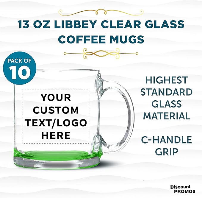 Custom Libbey Clear Glass Coffee Mugs 13 oz. Set of 10, Personalized Bulk Pack - Perfect for Coffee, Tea, Espresso, Hot Cocoa, Other Beverages - Green Bottom