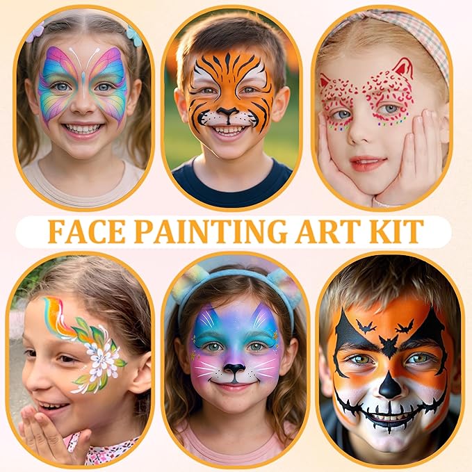 42 Color Face Painting Kit for Kids-Non Toxic Water Activated Face Paint Palette with 16 Crayons,6 Reusable & 63 Sticky Stencils,Brushes,Gems.Ideal Choice for Carnival,Halloween,Parties,Makeup etc.