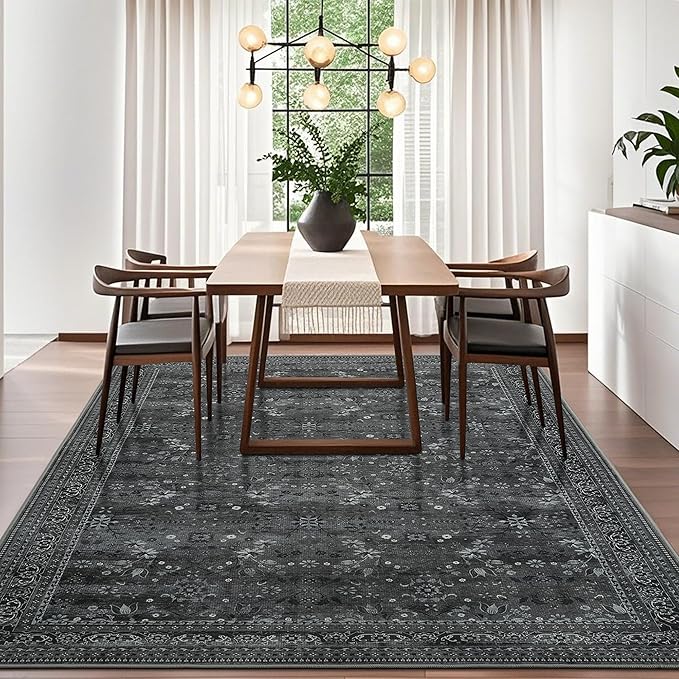 5x7 Machine Washable Area Rug for Living Room Bedroom, Vintage Kitchen Rugs Non Slip, Traditional Indoor Floor Floral Print Carpet for Dining Room, Farmhouse, Office Classroom Black/Gray