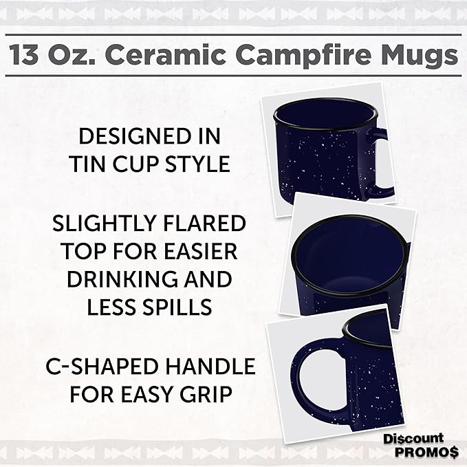 DISCOUNT PROMOS Ceramic Campfire Coffee Mugs 13 oz. Set of 10, Bulk Pack - Perfect for Tea, Espresso, Cappuccino, Hot Cocoa - Blue