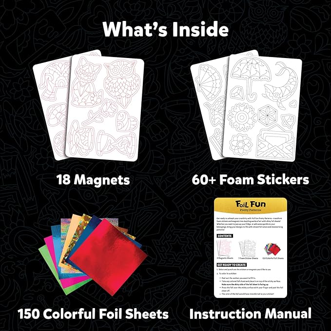 Skillmatics Foil Fun - Pretty Patterns, 18 DIY Magnets Mess-Free Art, Colorful Creative Party Activity, Craft Kits, 60+ Foam Stickers, Gifts for Kids, Teens, Adults, Families