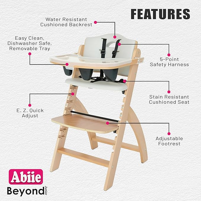 Abiie Beyond Junior Wooden High Chair with Tray - Adjustable and Convertible High Chair for Babies and Toddlers - 6 Months to 250 Lb - Water Resistant - Natural Wood/Dove Grey Cushion
