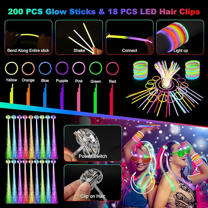290 PCS Glow in the Dark Party Supplies, 200 Glow Sticks, 24 Fiber Optic Wands, 15 LED Glasses, 33 Finger Lights and 18 LED Hair Clips for Wedding, Birthday, Concert, Raves, New Year