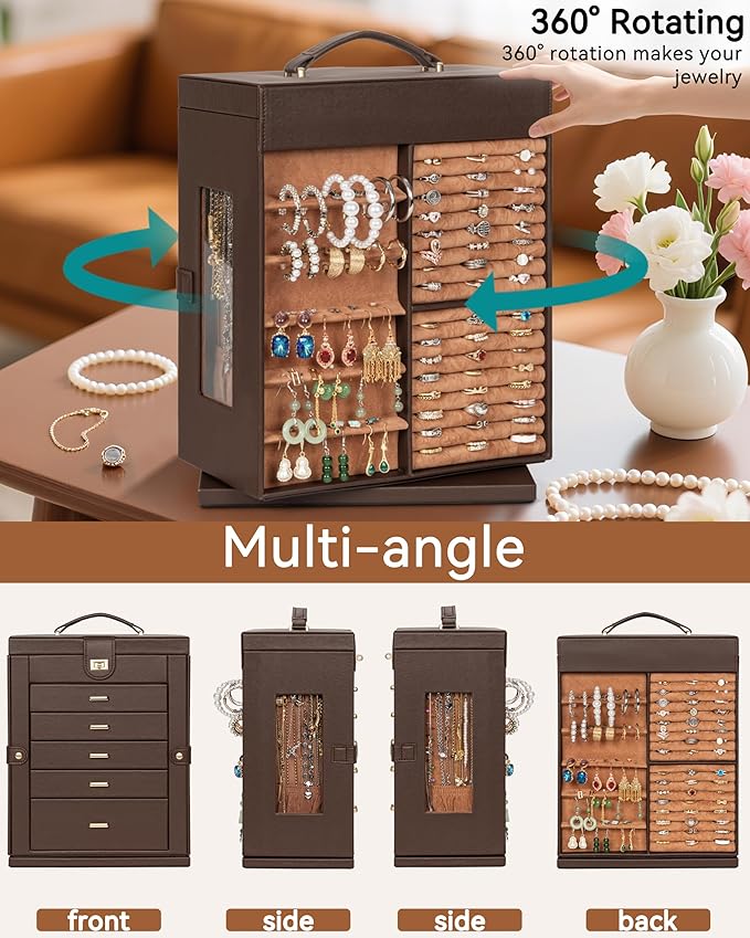 AKOZLIN 360° Rotating Jewelry Box 6-Tier Organizer Functional Jewelry Storage Case for Women Girls Ring Necklace Earring Bracelet Holder with Mirror Brown