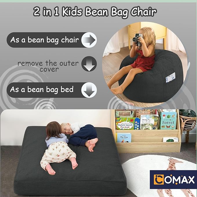 COMAX Bean Bag Chair for Kids 8-12, Toddler Beanbag Bed Corduroy, Convertible Child Bean Chair to Floor Mattress with Filler, Kid Reading Comfy Lounge Couch for Boys and Girls Bedroom, Dark Grey