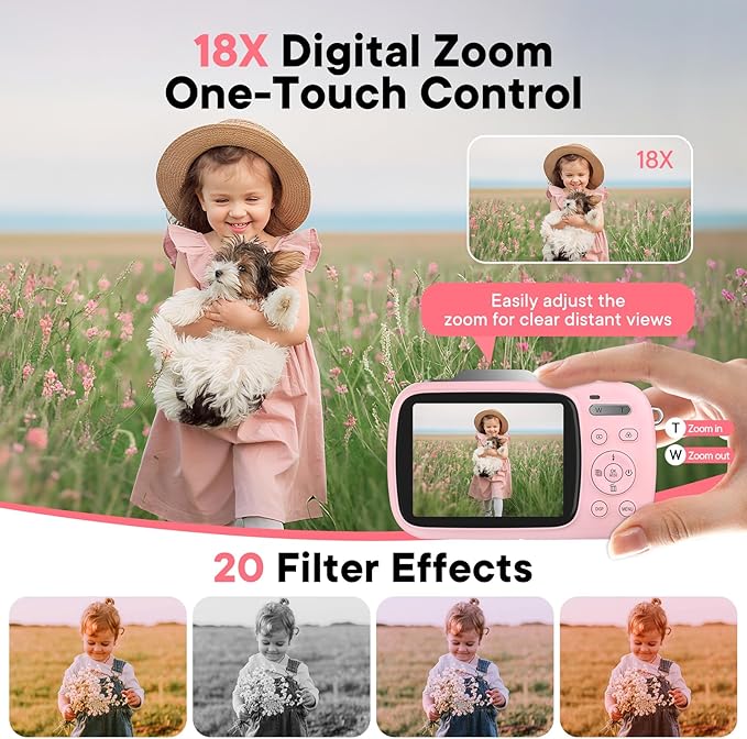 Digital Camera 4K 64MP - Vlogging Camera for Kids & Beginners | 18X Zoom Point and Shoot Camera Anti Shake, Compact with Flash, Gift for Boys Girls(Pink+Silver)
