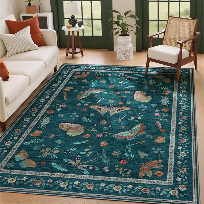 6x9 Rugs for Living Room with Insect Print - Bug Rug Non-Silp Stain Resistant Soft Carpet for Bedroom, Low Pile Ultra-Thin Machine Washable Carpet for Dining Room, Kids Nursery, Office (6'x9' Teal)