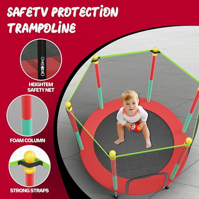 55IN Trampoline for Kids - Indoor/Outdoor Play with Enclosure Net - Easy to Assemble Recreational Trampoline - Red