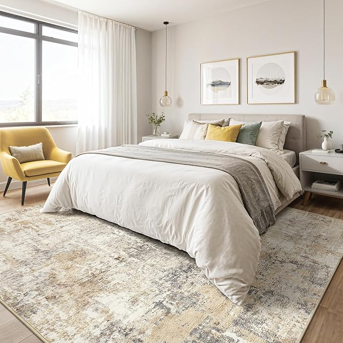 Large Area Rugs 12x15: Washable Abstract Modern Soft Rug Stain Resistant Indoor Floor Non Slip Accent Carpet for Living Room Bedroom Nursery Playroom Dining Room Office Dorm Home House- Grey Gold