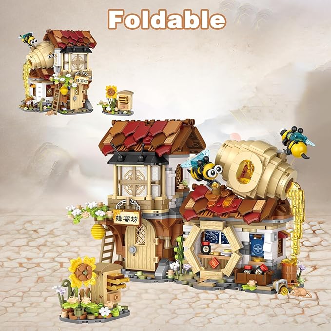 Honey Bee Workshop Mini Building Set, Creative DIY Simulation Building Toys, 1242PCS Mini Building Honey Bee Workshop Set Boys Girls 6+