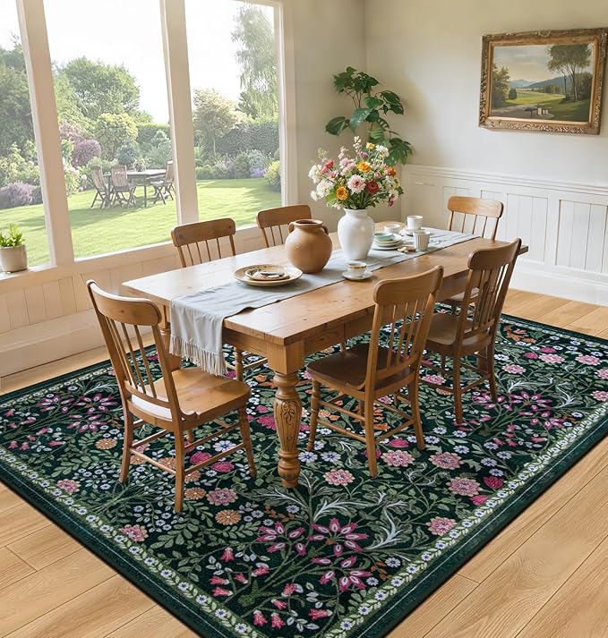 6x9 Area Rugs for Living Room: Floral Washable Rug Vintage Large Soft Boho Non-Slip Carpet Indoor Stain Resistant Thin Carpets for Bedroom Dining Room Farmhouse Nursery Hallway Home Office Dark Green