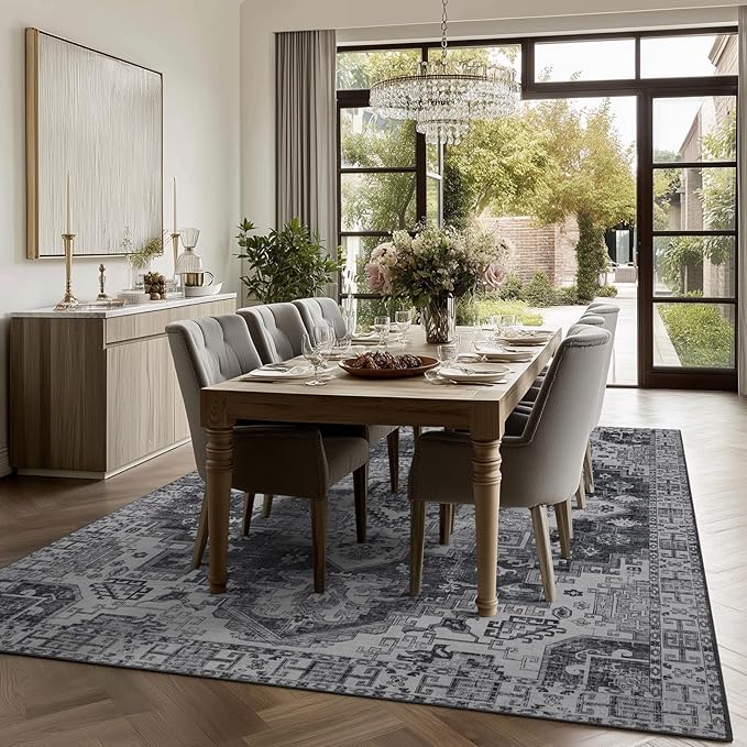 4x6 Washable Area Rug for Living Room, Carpet for Bedroom, Soft Faux Wool Retro Dining Room Rug, Non Slip&Non-Shedding Resistant Low Pile Vintage Print Rug for Home Office (Medium Gray)