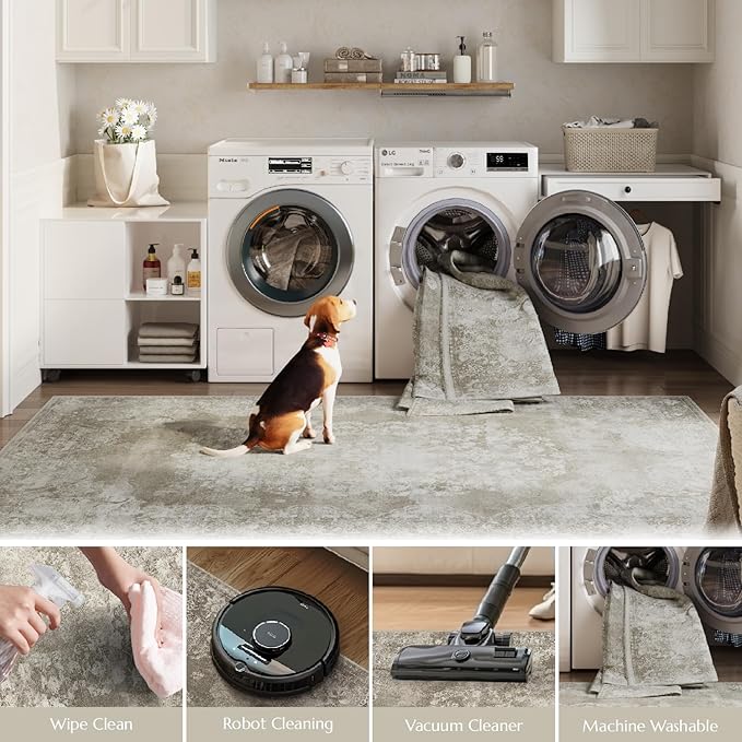 jinchan Vintage Floral 4x6 Area Rugs - Machine Washable Distressed Design Soft Ultra-Thin Low-Pile Non-Slip Carpet for Entryway Kitchen Bedroom Nursery Living Room Dining Room (4x6ft,Brown)