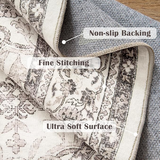 jinchan Round Rug 7ft Washable Circle Soft Rug - Low Pile Vintage 7'Round Indoor Beige Floral Print Stain Resistant Boho Carpet Ultra-Thin Non-Slip for Living Room Bedroom Dining Room Kitchen