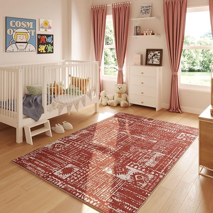 Living Room Rug 5x7 Rug Machine Washable Boho Area Rug Non Slip Moroccan Vintage Low Pile Large Rugs for Living Room, Bedroom, Farmhouse, Dining Room, Kids Playroom(Terracotta)