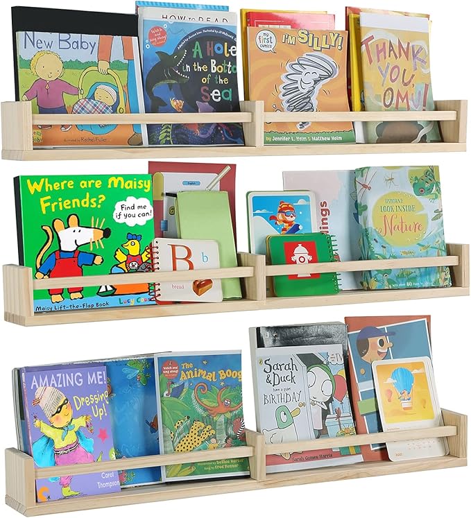 Nursery Bookshelves Wall Mounted，32inch，Set of 3, Wood Floating Wall Bookshelf for Kids,Natural Wood Color,Hanging Shelf for Baby Nursery Room Decor, Pine