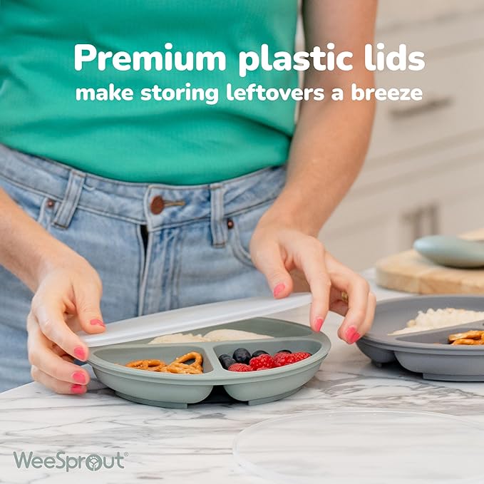 WeeSprout Suction Plates for Babies & Toddlers - 100% Silicone, Dinnerware Stays Put, Divided Design for Picky Eaters, Microwave & Dishwasher Friendly, 3 Pack (Matte Pink, Purple & Blush Pink)
