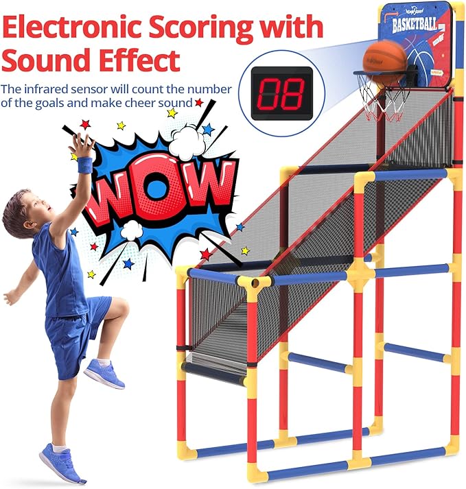 Kids Arcade Basketball Game with Electronic Scoreboard and Cheer Sounds, Indoor Outdoor Basketball Hoop with 4 Balls, Game Toy Gift for Ages 3-12 Boys and Girls