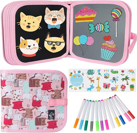 Erasable Doodle Set for Kids - Magic Drawing Book With 12 Watercolor Pens, 14 Page Reusable Book, Road Trip Car Game Writing Painting Set for Boys and Girls (Cat Pink)