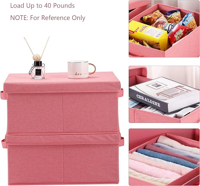 HOONEX Linen Foldable Storage Bins with Lids, 2 Pack, Storage Boxes with Carrying Handles and Sturdy Heavy Cardboard, 16.5" L x 11.8" W x 7.5" H for Shoes, Books, Clothes, Nursery, Pink