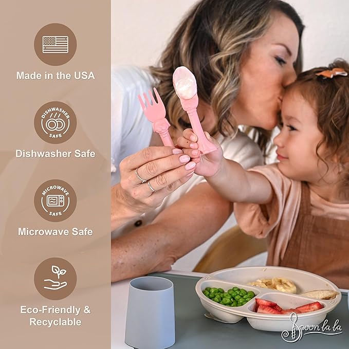 Made in USA Spoon la la Toddler Utensils Set - 6 Pack (3 Spoons & 3 Forks for Kids) - Self-Standing 3D Ergonomic Cat & Dog Handles - BPA-free, Dishwasher Safe, Baby Silverware (Blue, Pink, Mint)