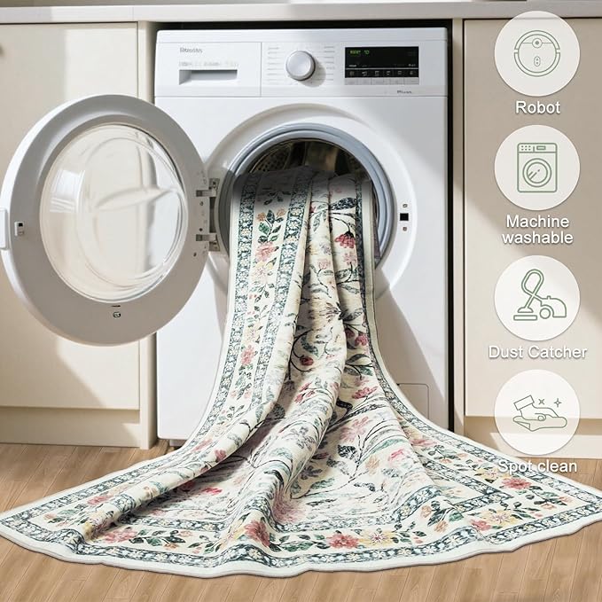 8x10 Area Rugs for Living Room: Floral Washable Rug Vintage Large Soft Boho Non-Slip Carpet Indoor Stain Resistant Low Pile Carpets for Bedroom Dining Room Farmhouse Nursery Home Office Green Beige