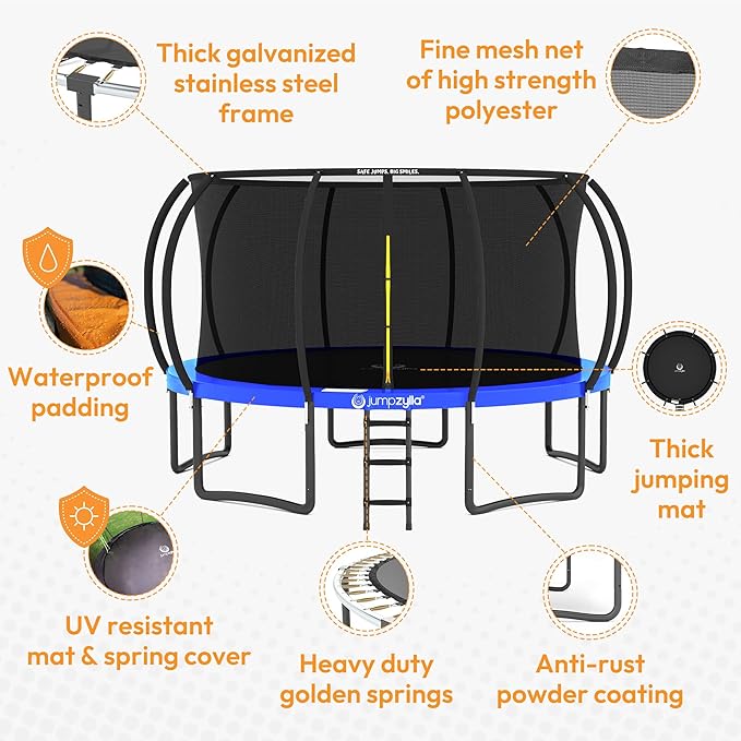 JUMPZYLLA Trampoline Outdoor 8FT 10FT 12FT 14FT 15FT 16FT with Enclosure and Ladder, ASTM Approved Recreational Trampoline for Kids and Adults, Anti-Rust Coated Frame