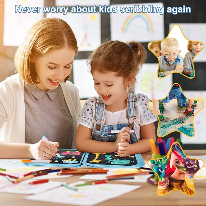 Erasable Doodle Set for Kids - Reusable Magic Drawing Book with 12 Watercolor Pens 14 Page Drawing, Road Trip Car Game Writing Painting Set for Boys and Girls (Monsters)