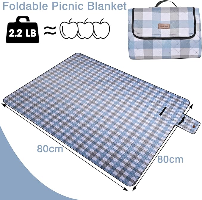Extra Large Picnic Blanket 80''x 80'' Waterproof Foldable Picnic Mat for Beach, 5-Layer Outdoor Blanket for 6 to 8 Adults,Camping Grass Lawn Park Accessories Couple Park Wedding Registry(Blue Gray)