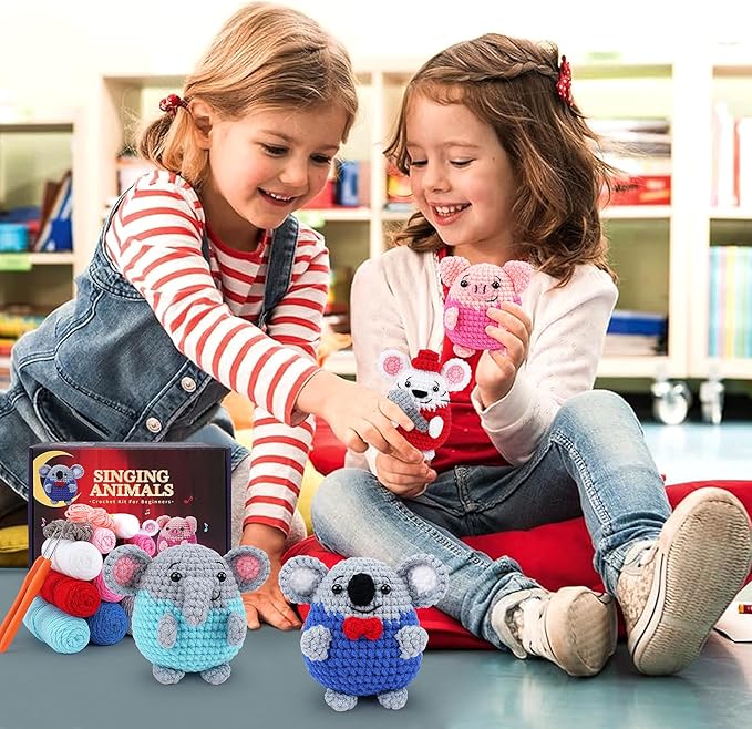 Crochet Kit for Beginners - 4 PCS Crochet Starter Kit with Step-by-Step Video Tutorials, for Adults Kids - Elephant Mouse Pig Koala Microphone Crocheting Set