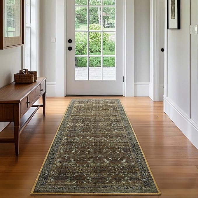 2x6 Washable Kitchen Runner Rug for Hallways, Non Slip Laundry Runners for Bathroom, Low Pile Rubber Backed Rugs for Entryway, Vintage Floral Carpet for Living Room Bedroom Brown/Yellow