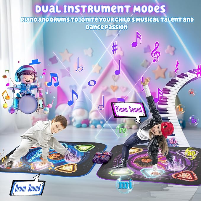 Dance Mat, 2025 Light Up 2-Player Opposing Dance Pad with Single & Double Player Modes, 12-Button Kids Music Toys with Bluetooth, Birthday for 3-12 Year Old Boys Girls